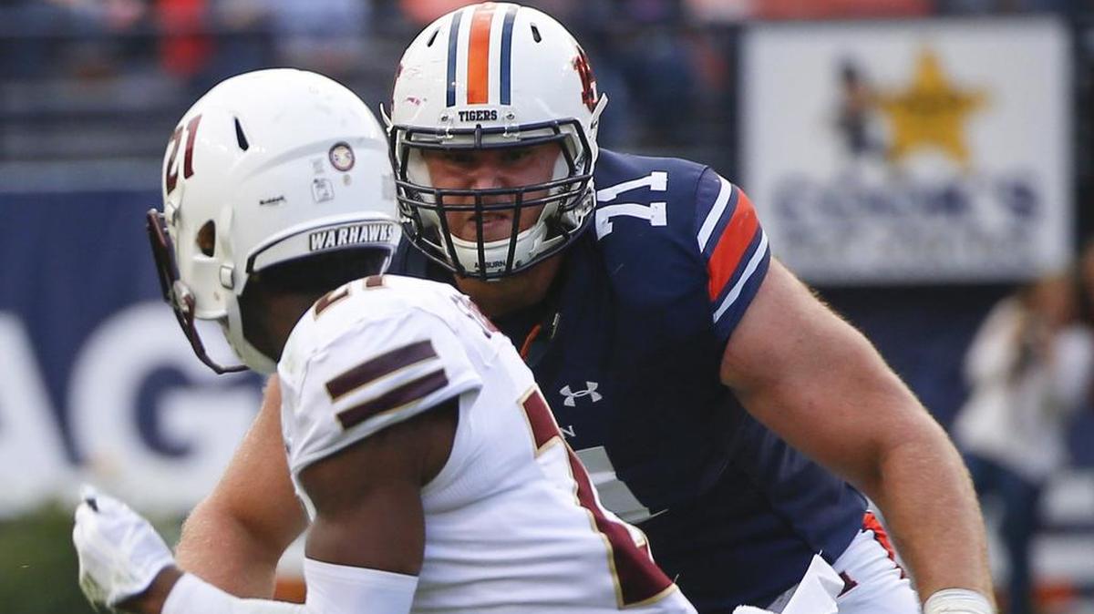 FILE - In this Nov. 18, 2017, file photo, Auburn offensive lineman Braden Smith (71) blocks against Louisiana Monroe during the second half of an NCAA college football game, in Auburn, Ala.