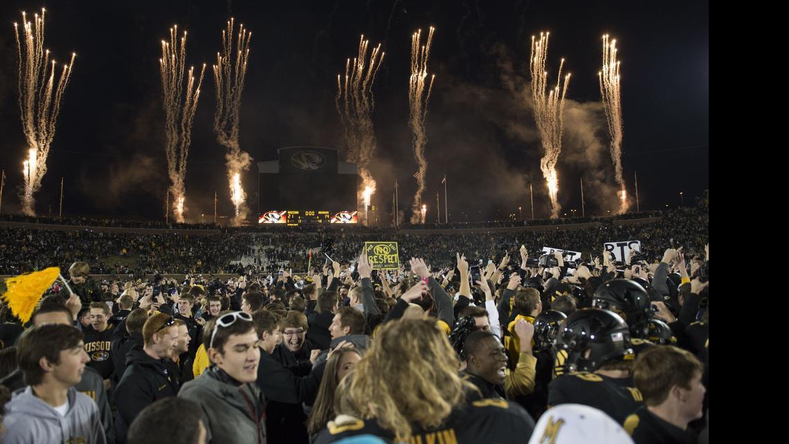 
Fans stormed the field after Missouri beat Arkansas on Friday, November 28, 2014
