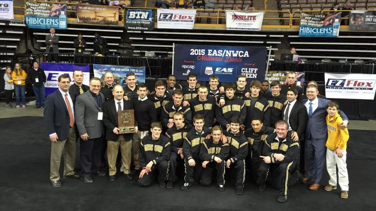 The Missouri wrestling team beat Iowa in the final of last year’s NWCA National Duals in Iowa City.
