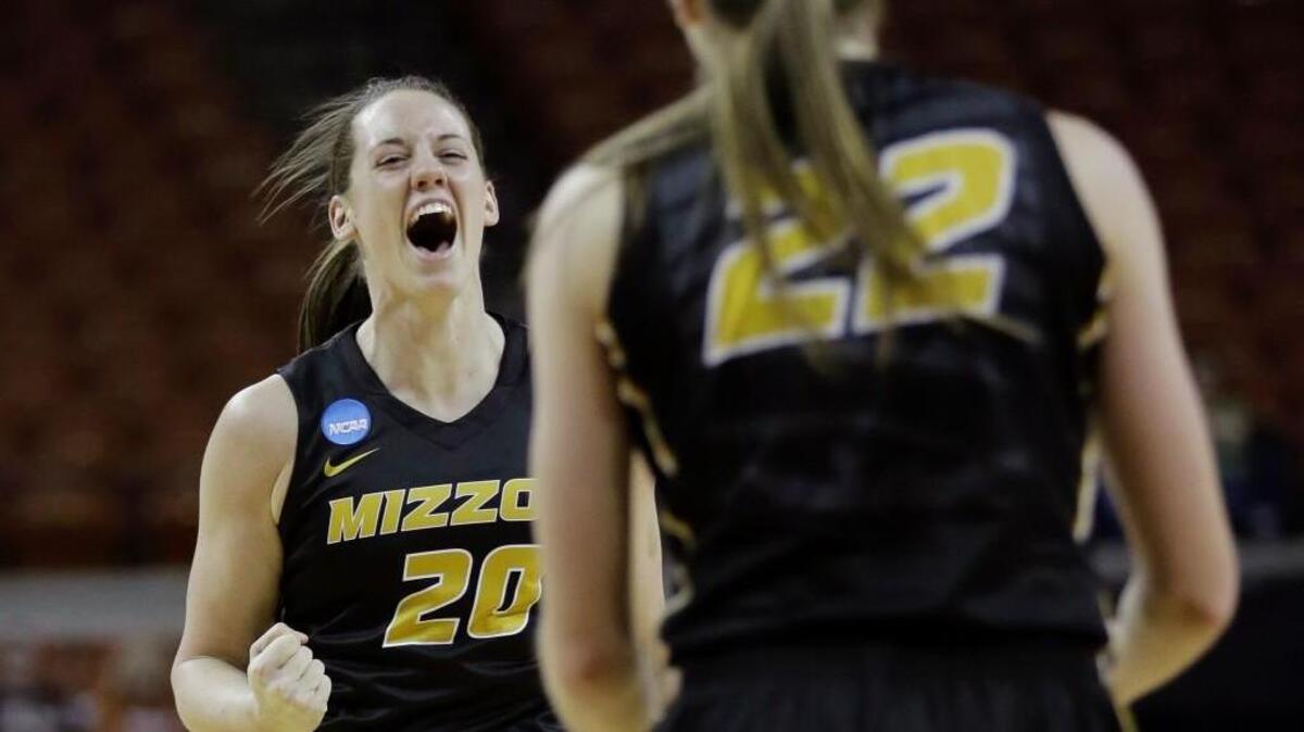 Missouri forward Kayla McDowell (left) celebrated with teammate Jordan Frericks during the Tigers’ 78-69 win over BYU on Saturday in Austin, Texas.