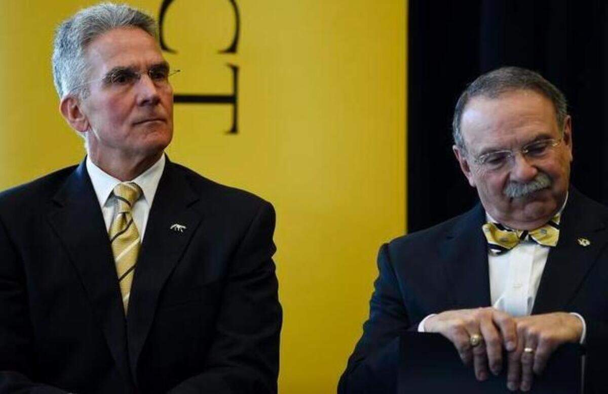 
MU chancellor R. Bowen Loftin (right) said during a news conference Friday at the Reynolds Alumni Center that maintaining momentum will be a key in finding a replacement for athletic director Mike Alden. “Where do you find this kind of success both academically and athletically combined? It’s very, very rare,” Loftin said.
