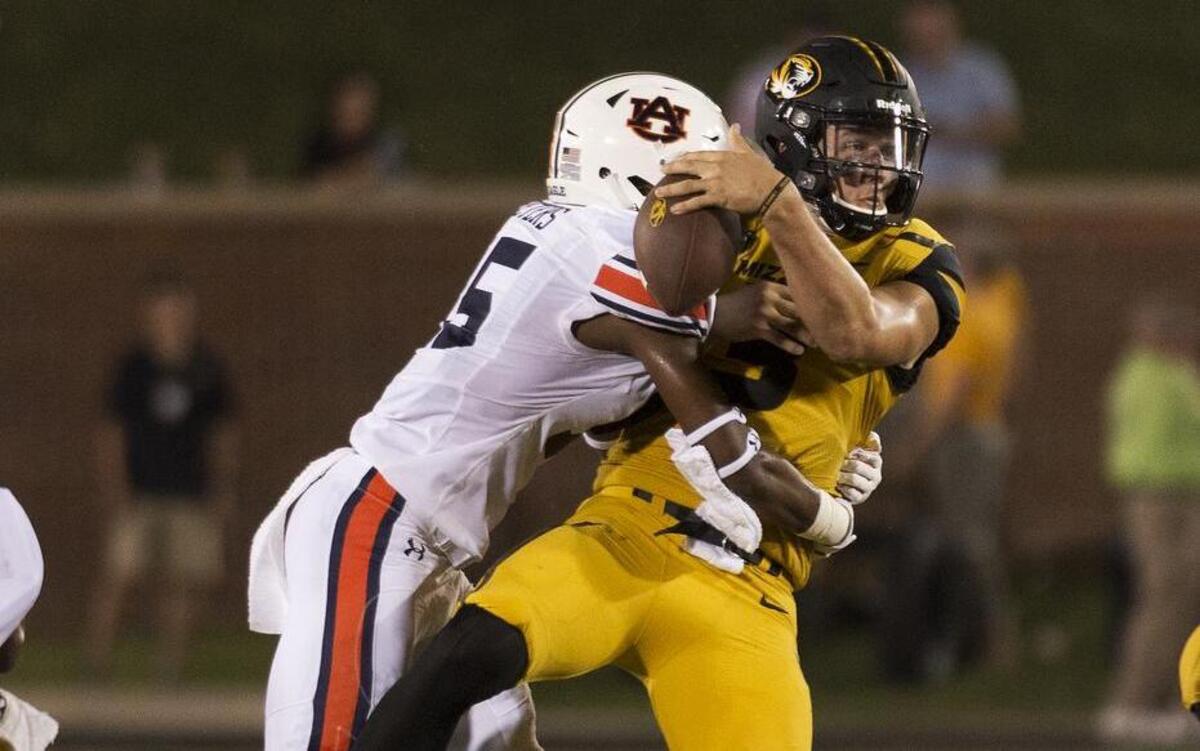 Missouri quarterback Drew Lock was sacked by Auburn’s Jordyn Peters late in the fourth quarter Saturday. Lock was involved in a confusing play in the second quarter that resulted in a fumble call against MU.