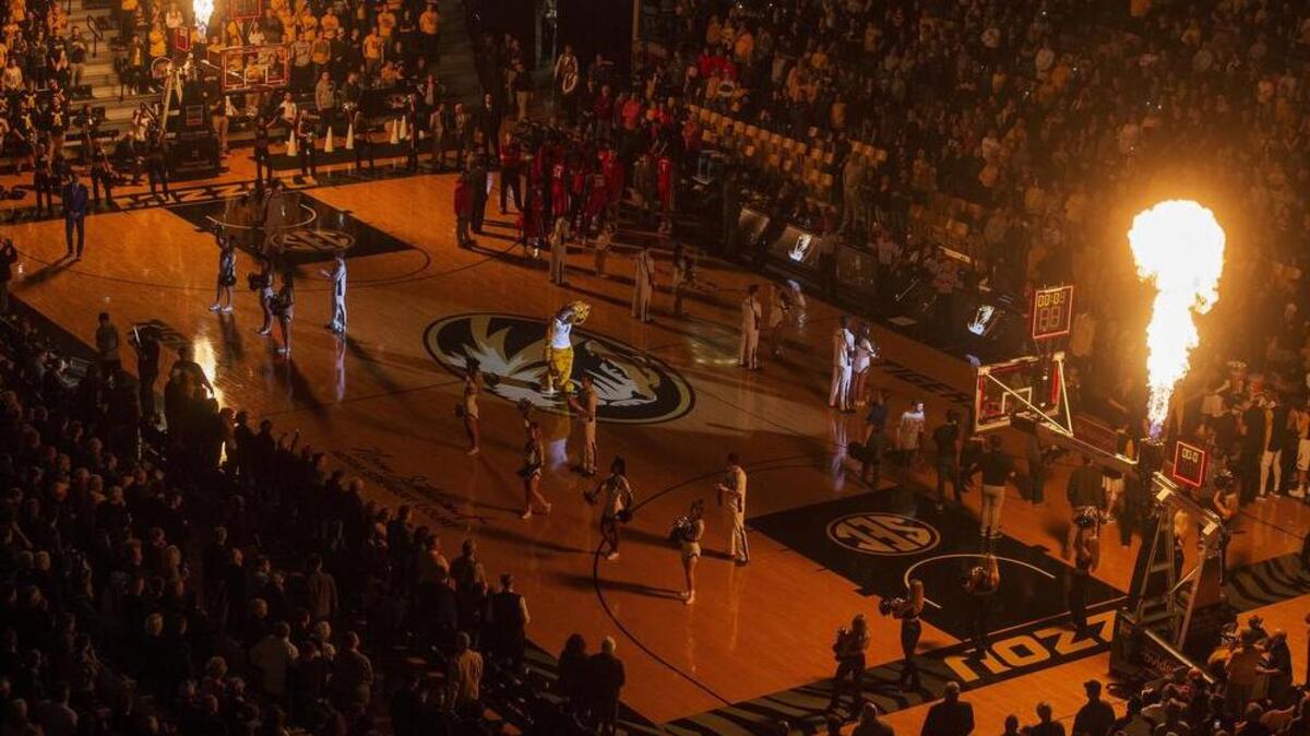 The Missouri basketball team is announced at Mizzou Arena before the start of an NCAA college basketball game against Georgia on Jan. 10, 2018, in Columbia.