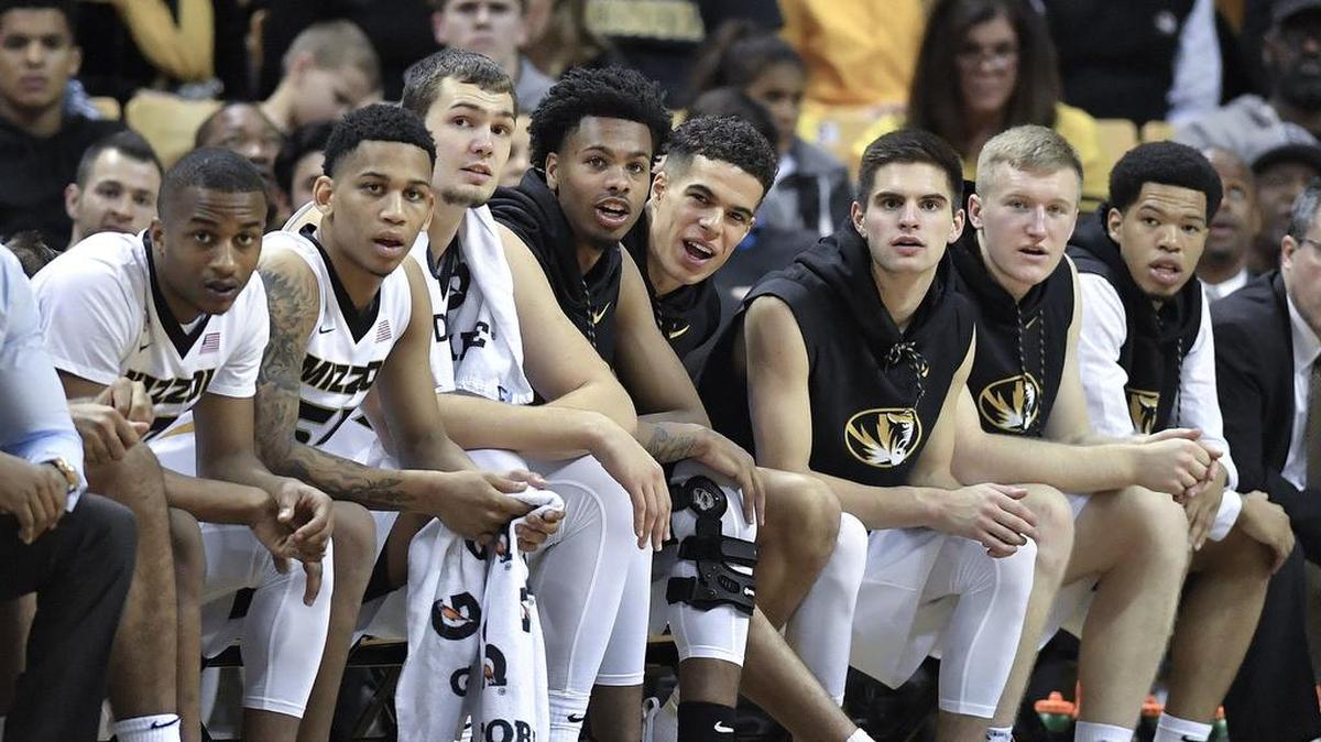 Missouri Tigers players, including Michael Porter Jr. (center), watch from the bench during Friday’s victory over the Iowa State Cyclones at Mizzou Arena.