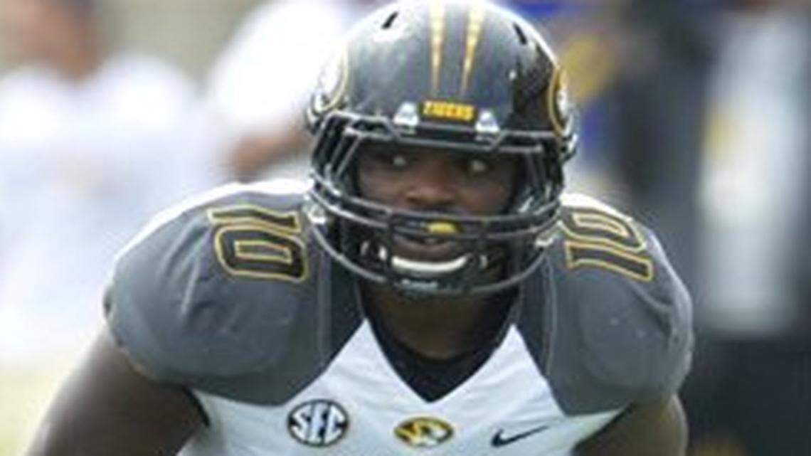 
Missouri Tigers linebacker Kentrell Brothers lined up in the third quarter of a 49-24 win over the Toledo Rockets in a September game.
