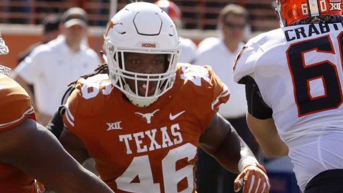 Texas linebacker Malik Jefferson (No. 46) could miss the Texas Bowl vs. Mizzou because of turf toe.