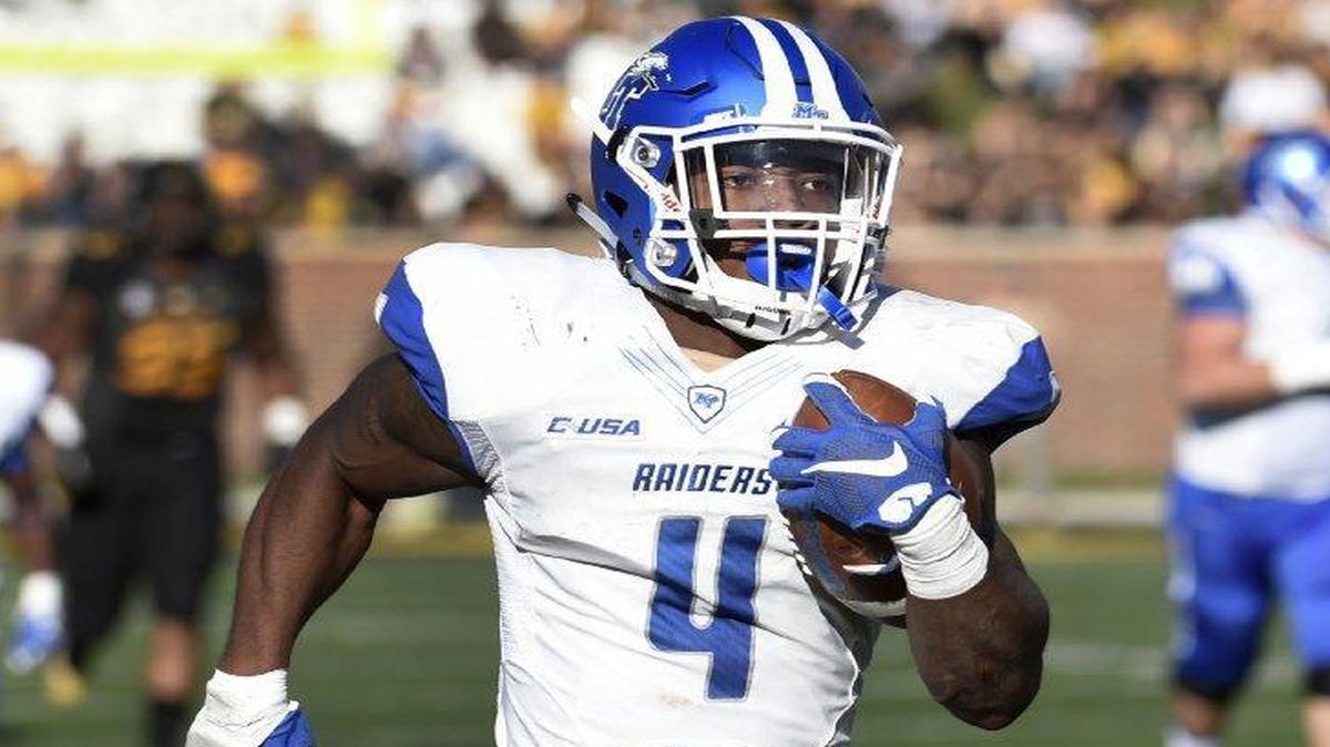 Middle Tennessee running back I’Tavius Mathers ran away from Missouri defenders for a 71-yard touchdown in the first half of Saturday’s game in Columbia, Mo.