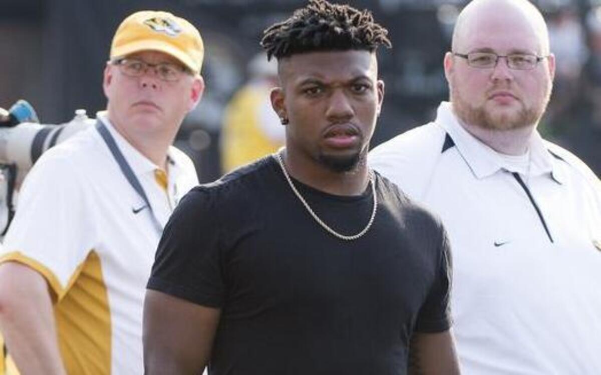 
Missouri running back Russell Hansbrough walked on the sideline in a boot during the third quarter of the Sept. 5 game against Southeast Missouri in Columbia.
