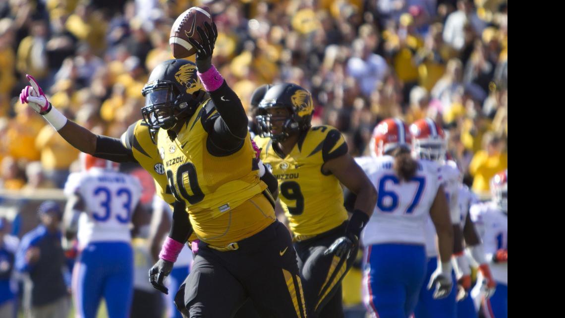 
Missouri defensive lineman Harold Brantley celebrated recovering a fumble by Florida quarterback Tyler Murphy last season in a game the Tigers won 36-17.
