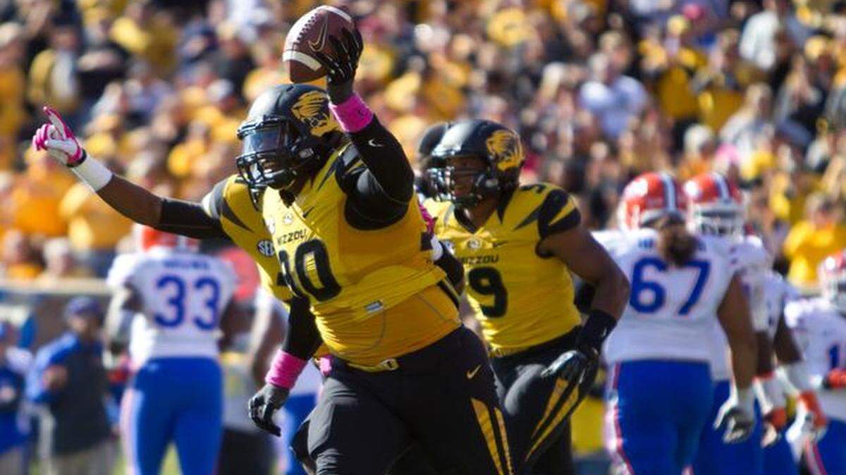
Odds are good that sophomore defensive tackle Harold Brantley be back with the second string when the Missouri Tigers begins their season Saturday against South Dakota State at Memorial Stadium. He is pictured 
celebrating a fumble recovery last season against the Florida Gators.
