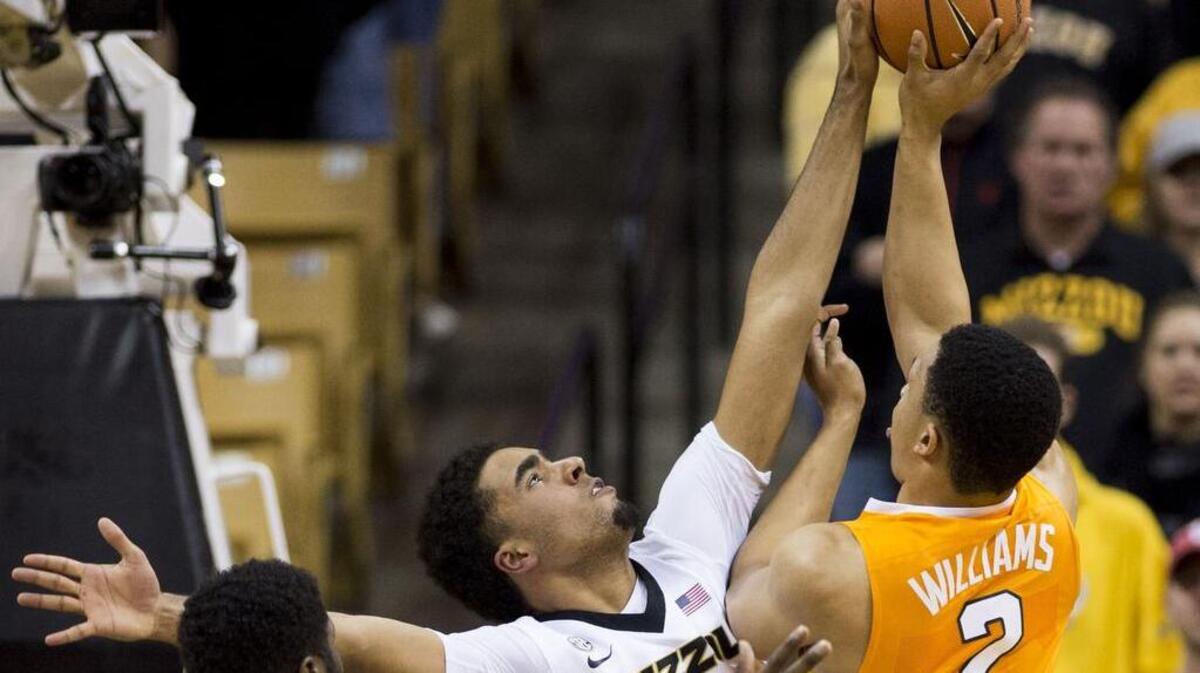 Missouri Tigers forward Jontay Porter (11) blocked a shot by Tennessee Volunteers forward Grant Williams (2) in the first half during the Tigers’ victory on Wednesday, January 17, 2018, in Columbia.