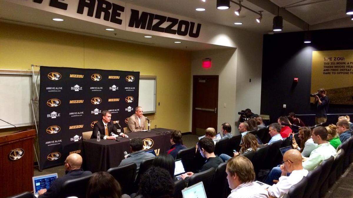 Missouri football coach Gary Pinkel and athletic director Mack Rhoades hold a press conference Monday.