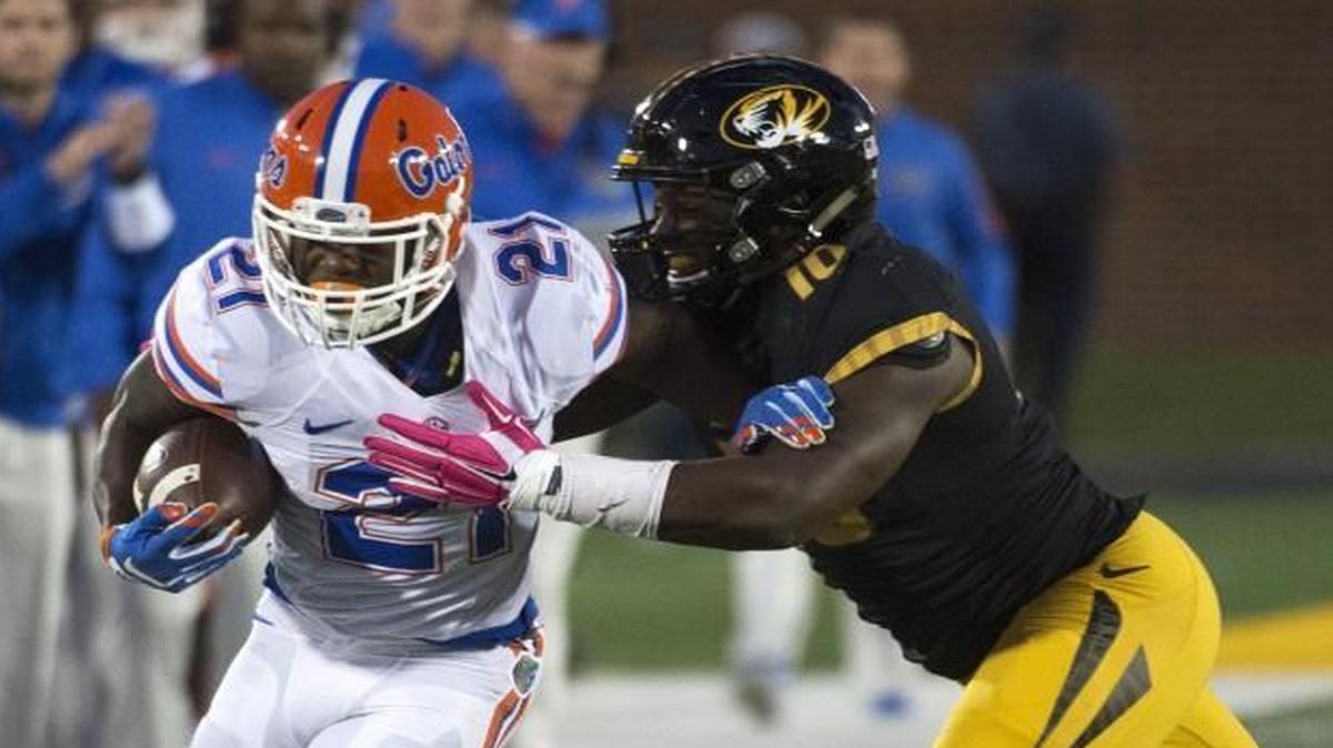 Missouri’s Kentrell Brothers stopped Florida running back Kelvin Taylor on a play earlier this month. Brothers leads the nation with 91 tackles this season.