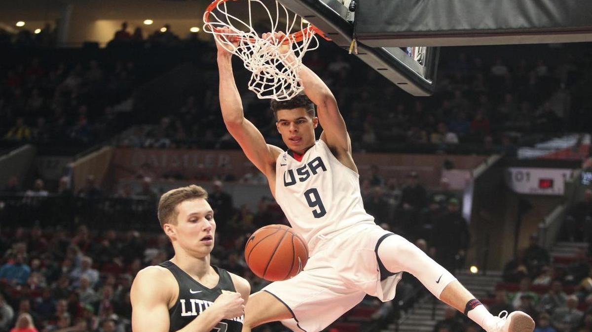 Team USA's Michael Porter Jr., who is enrolled at Missouri, dunked during the first half of the Nike Hoop Summit basketball game in Portland, Ore., on Friday, April 7, 2017.
