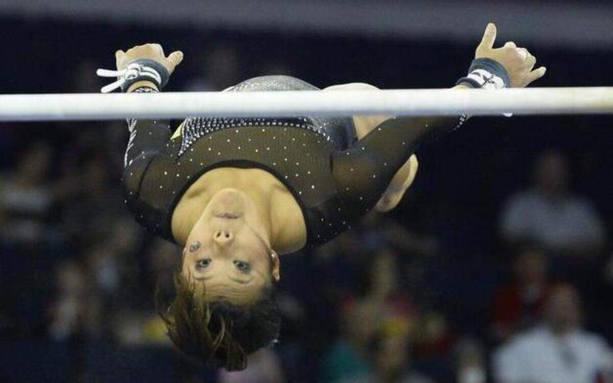 
Missouri’s Katelyn Trevino performs on the uneven bars during the SEC gymnastics championship last Saturday in Duluth, Ga. 

