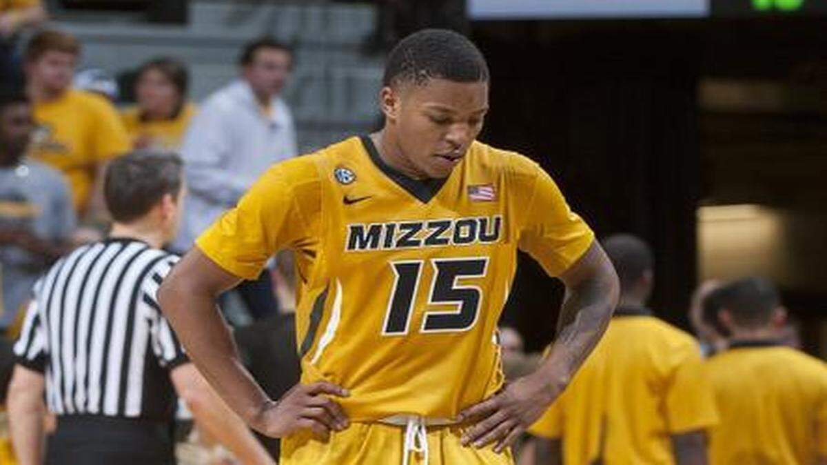 
Missouri’s Wes Clark, shown walking on the court during a game against Kentucky, is expected to miss some playing time after suffering an elbow injury Tuesday.
