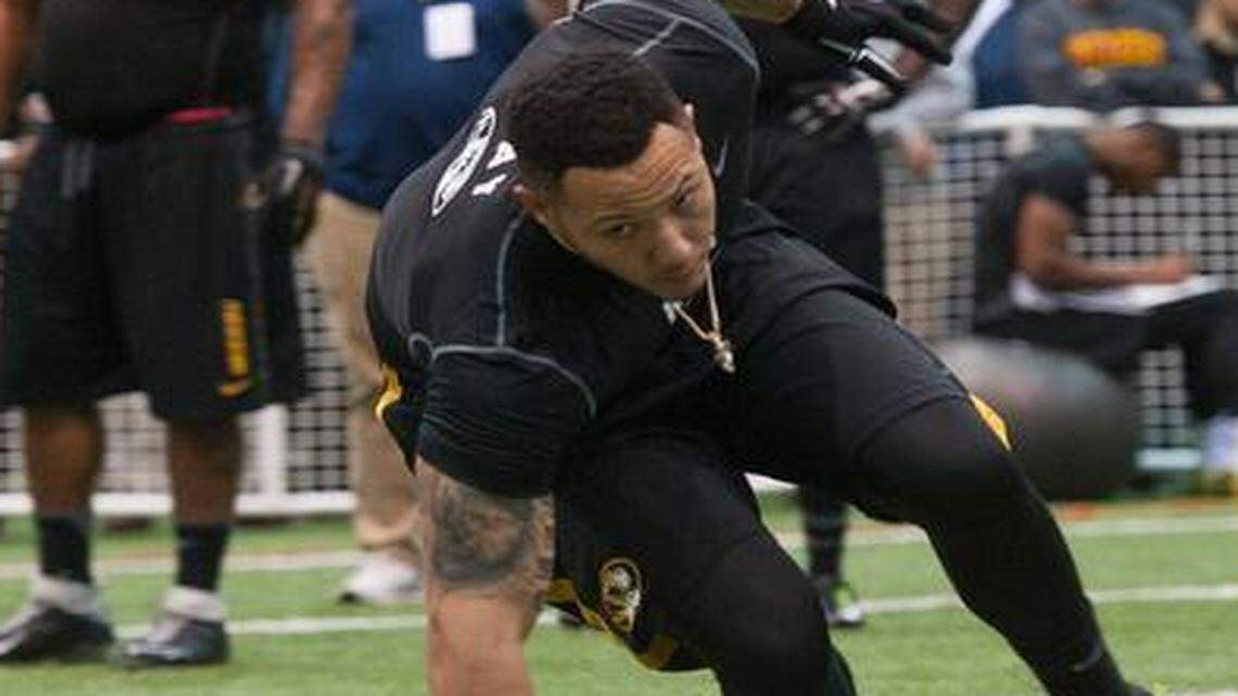 
Shane Ray takes part in an agility drill during Missouri's NFL football Pro Day on the University of Missouri campus Thursday in Columbia.

