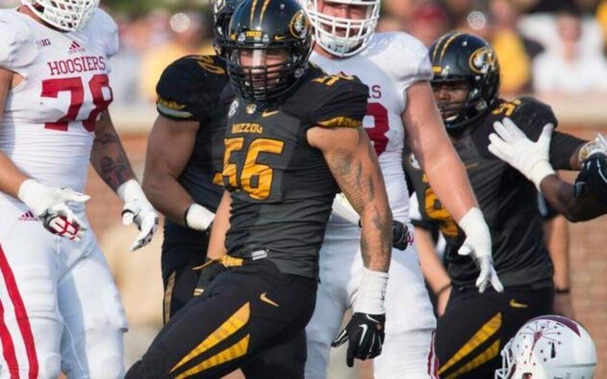 
Missouri Tigers defensive lineman Shane Ray celebrated after sacking Indiana Hoosiers quarterback Nate Sudfeld in a game in September.
