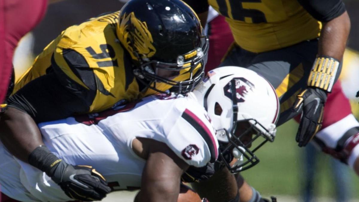 Missouri Tigers defensive end Charles Harris, who tackled South Carolina running back David Williams for a loss during a game in October, is excited to play at Arrowhead Stadium.