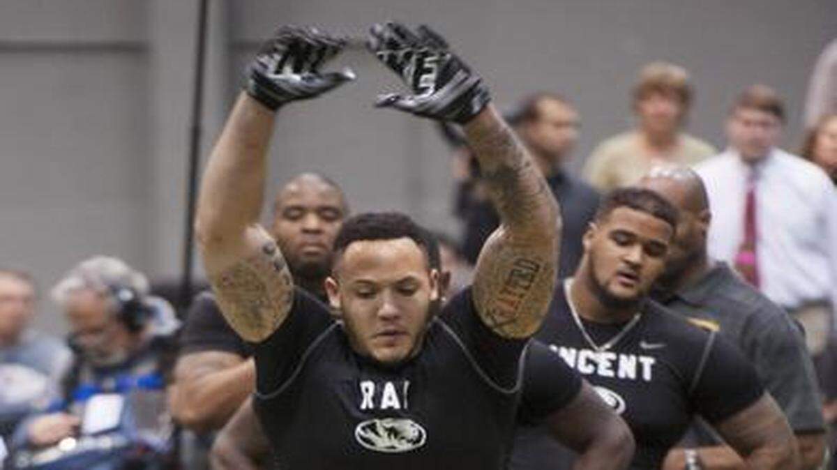 
Shane Ray participated in an agility drill during Missouri’s pro day March 19 in Columbia.
