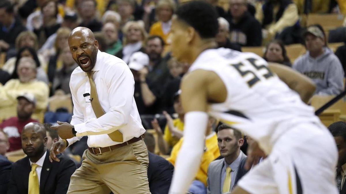 Missouri coach Cuonzo Martin yells encouragement from the sidelines as Missouri’s Blake Harris brings the ball up the court against Miami, Ohio on Tuesday.