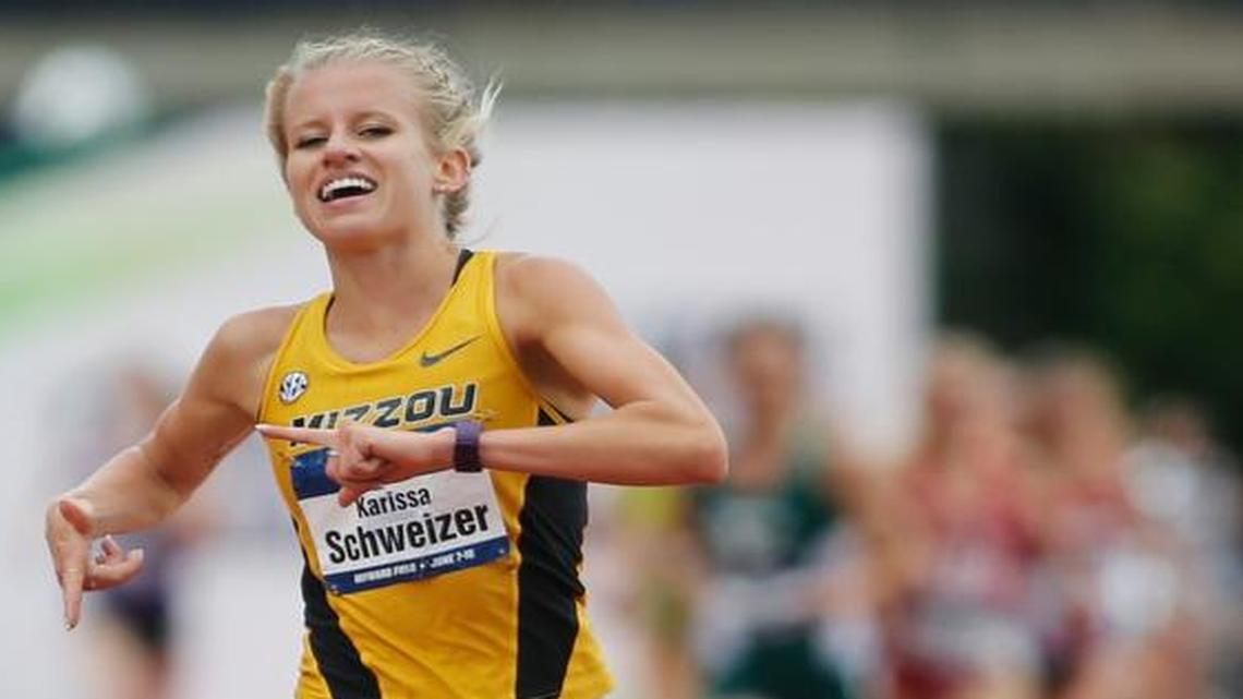 Missouri’s Karissa Schweizer smiled as she crossed the finish line to win the women’s 5000 meters at the NCAA outdoor track and field championships in Eugene, Ore., on Saturday.