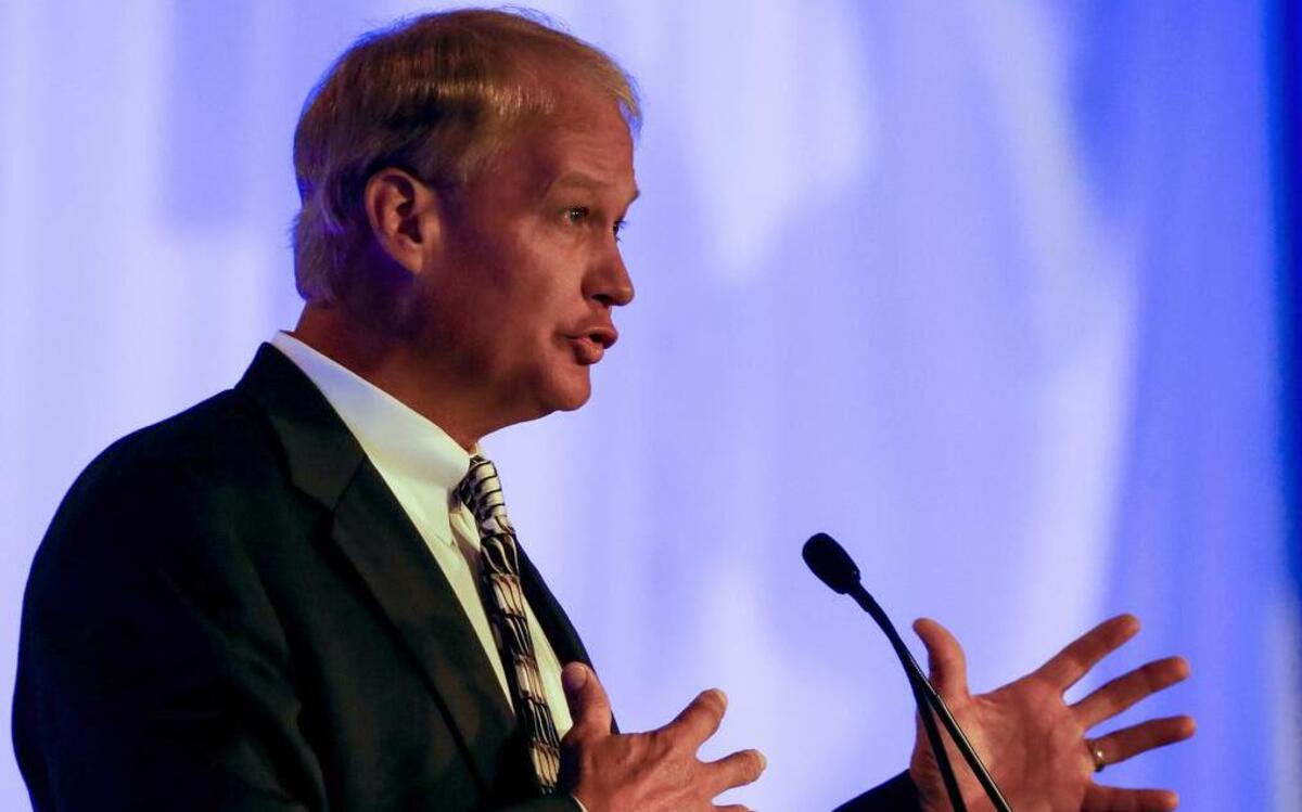 Steve Shaw, Coordinator of NCAA college football officials, speaks during the Southeastern Conference's annual media gathering, Tuesday, July 11, 2017, in Hoover, Ala.