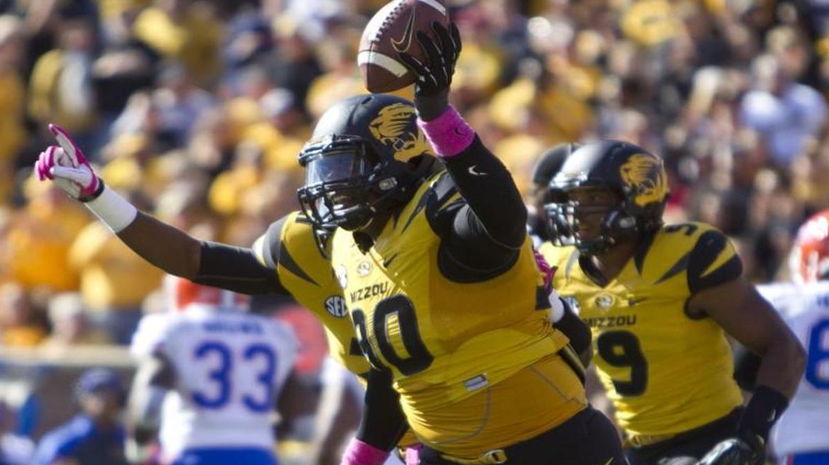 
Missouri Tigers defensive lineman Harold Brantley celebrated recovering a fumble by Florida Gators quarterback Tyler Murphy during a game last season.
