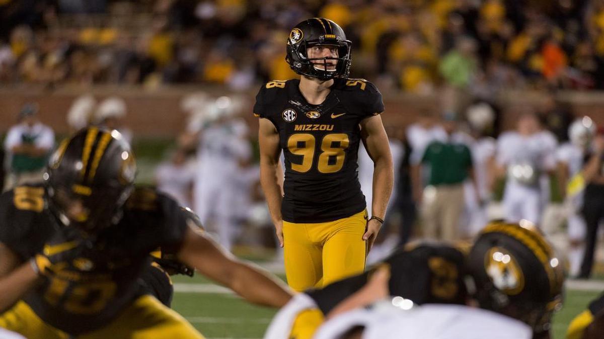Missouri place kicker Tucker McCann eyes the goalpost before he kicks an extra point during the third quarter against Eastern Michigan on Sept. 10, 2016, in Columbia, Mo. Missouri won the game 61-21.