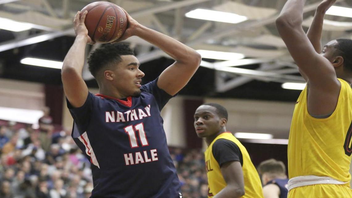 Nathan Hale's Jontay Porter in action against Oak Hill Academy during a high school basketball game at the 2017 Hoophall Classic on Monday, January 16, 2017, in Springfield, Mass.