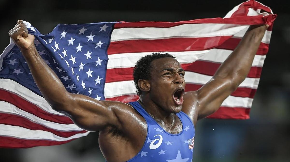 J’Den Cox celebrated his bronze medal victory in men’s freestyle 86kg on Aug. 20 at Carioca Arena 2 during the 2016 Summer Olympics Games in Rio de Janeiro, Brazil.