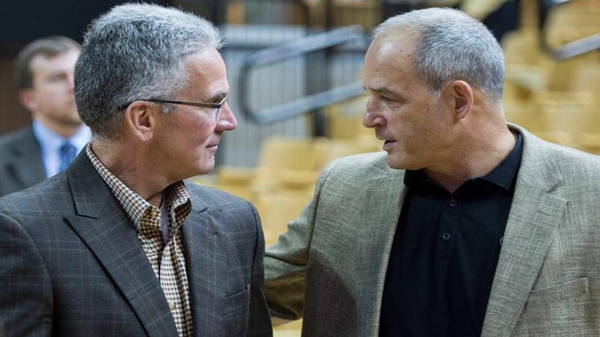 Former Missouri athletic director Mike Alden (left) and former football coach Gary Pinkel spoke Friday, when Barry Odom was introduced as Pinkel’s successor.