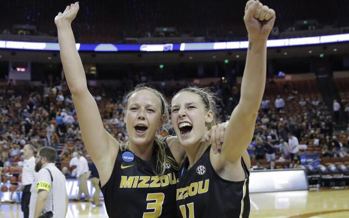 Missouri’s Sophie Cunningham (left) and sister Lindsey Cunningham celebrated a win last March over BYU in the NCAA Tournament. On Tuesday night in Columbia, the sisters together scored 40 points in MU’s exhibition win over Central Missouri.