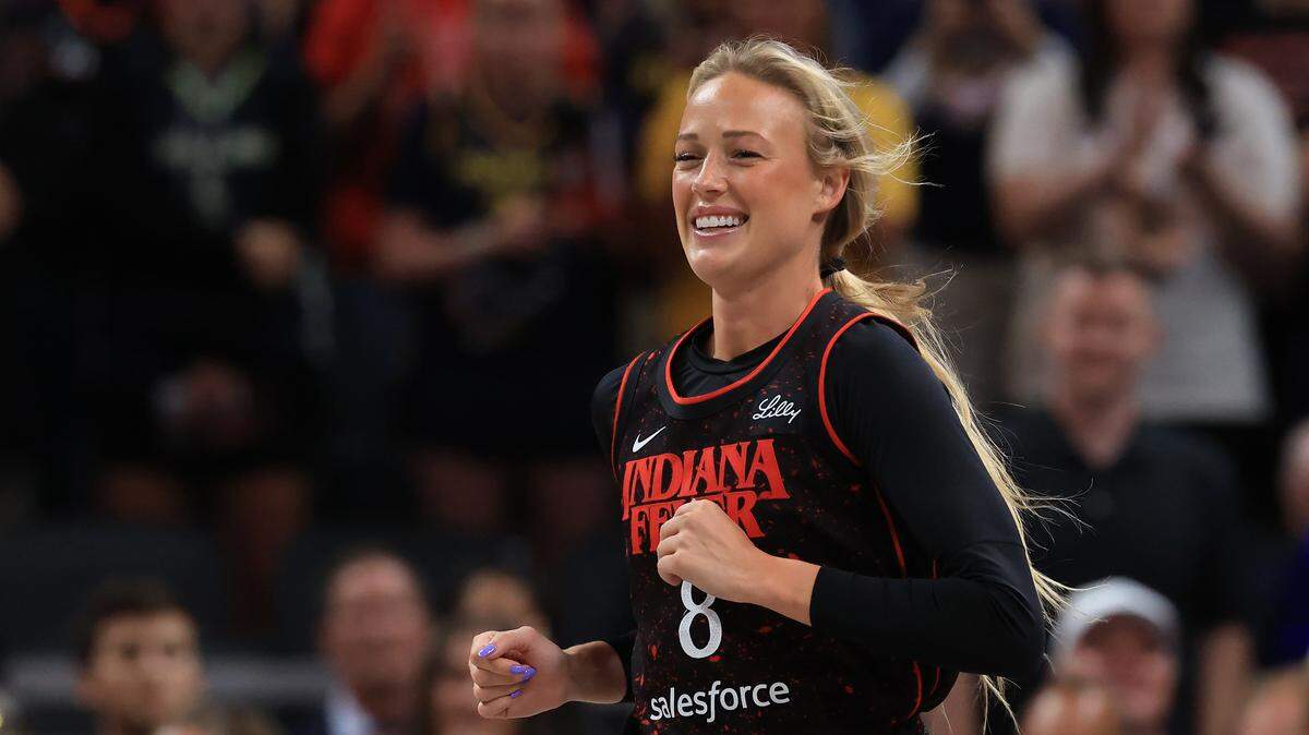 Indiana Fever guard Sophie Cunningham takes the court for a game at Gainbridge Fieldhouse in Indianapolis on Aug. 12, 2025.