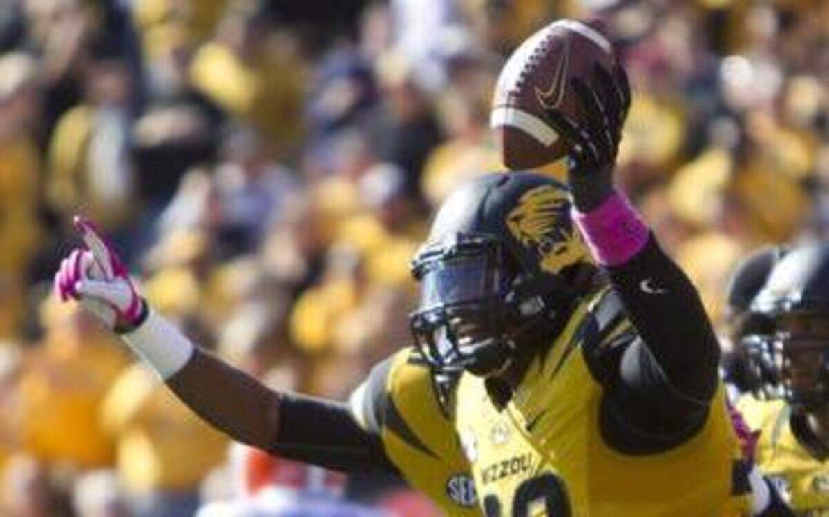 
Missouri Tigers defensive lineman Harold Brantley (90) celebrated a fumble recovery in a 36-17 win over Florida last season in Columbia.
