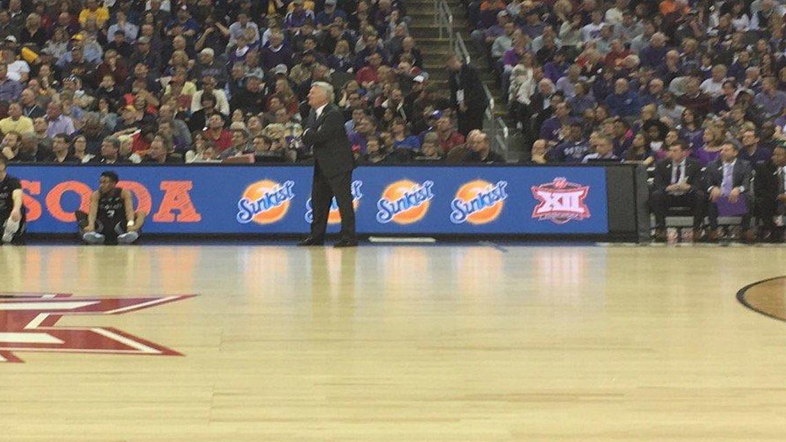Kansas State coach Bruce Weber briefly left the coaches’ box during a Big 12 Tournament game in March. The box will be extended 10 feet to 38 feet this season.