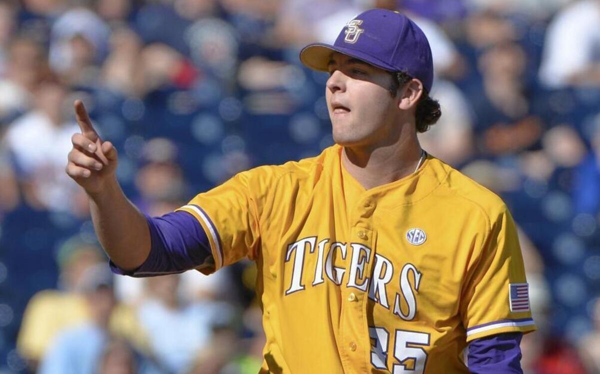 
LSU pitcher Alex Lange celebrated the last out against Cal State Fullerton in an NCAA College World Series baseball elimination game in Omaha, Neb., on Tuesday.
