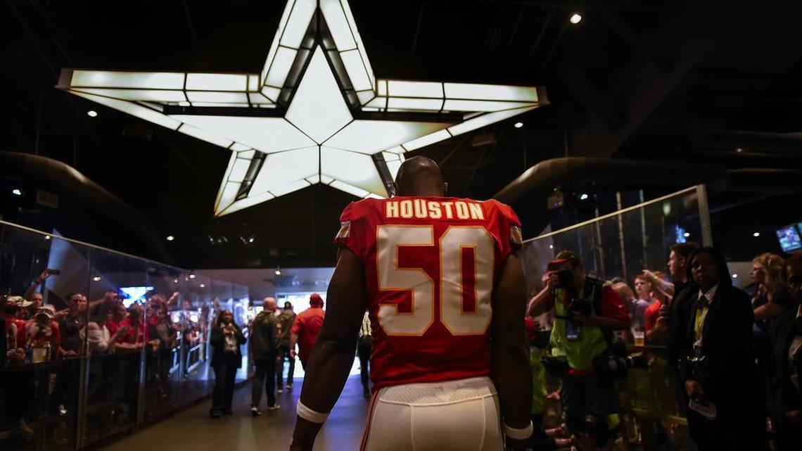 Kansas City Chiefs outside linebacker Justin Houston (50) walked through the tunnel to the field before the game against the Dallas Cowboys on November 5, 2017 at AT&T Stadium in Arlington, Texas.