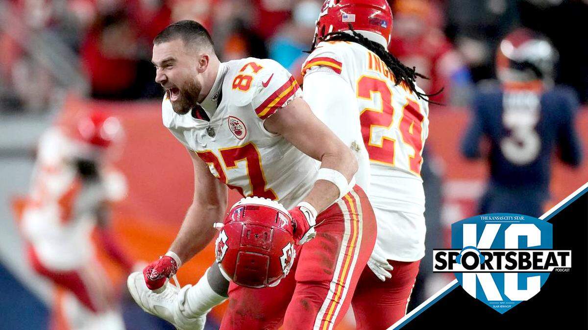 Chiefs tight end Travis Kelce, left, celebrates with linebacker Melvin Ingram (No. 24) after Nick Bolton scored on the fumble Ingram had just forced from Broncos running back Melvin Gordon on Saturday in Denver.