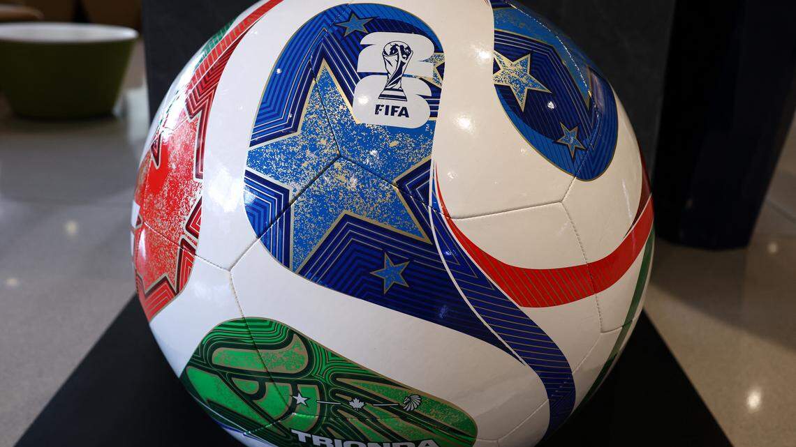 A giant replica of the 2026 FIFA World Cup match ball named "Trionda" is pictured in the lobby of the New Jersey Transit headquarters ahead of a press briefing on the New York/New Jersey FIFA World Cup 2026 regional mobility plan in Newark, New Jersey on April 17, 2026. 