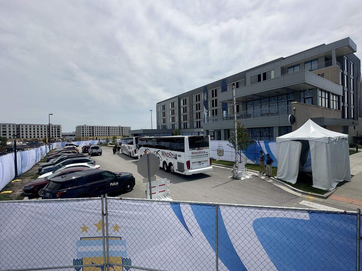Team Argentina unloads its charter buses after a police escort from Kansas City International Airport to Origin Hotel on Sunday morning. Argentina is holding its base camp in Kansas City as it defends its World Cup title in the FIFA 2026 World Cup.