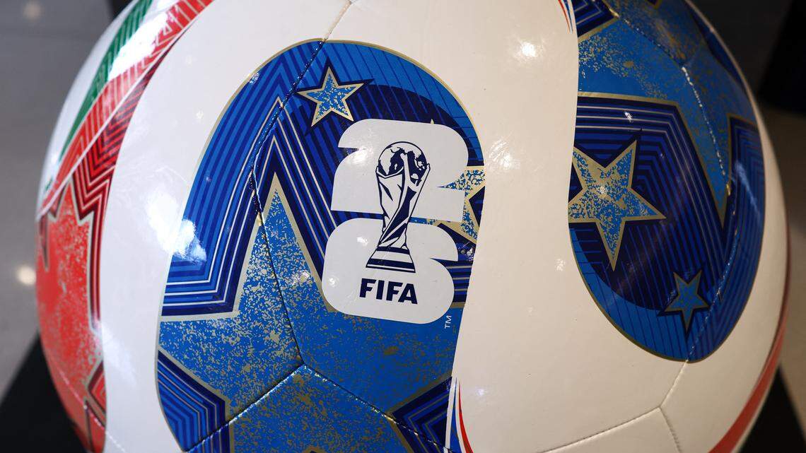 A giant replica of the 2026 FIFA World Cup match ball named “Trionda” is pictured in the lobby of the New Jersey Transit headquarters ahead of a press briefing on the New York/New Jersey FIFA World Cup 2026 regional mobility plan in Newark, New Jersey on April 17, 2026.