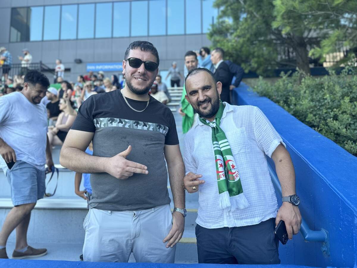 Algerian fans Massi Saber and Cherif Cherifi were happy to share their fandom with the Lawrence community during an open Algeria national team soccer practice ahead of the 2026 FIFA World Cup on Thursday, June 11, 2026 at Rock Chalk Park in Lawrence.