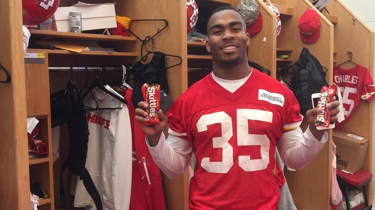 Marshawn Lynch isn’t the only NFL running back who likes Skittles. Chiefs back Charcandrick West is also a fan of the sugary candy.