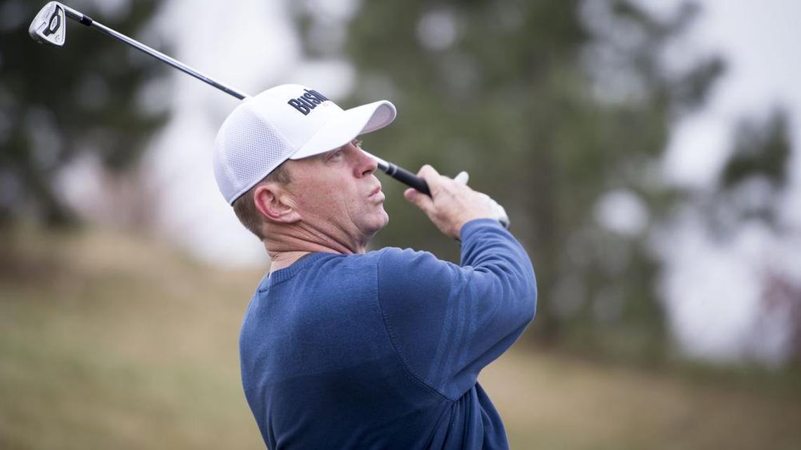 Former KU golfer Chris Thompson, shown here on the driving range at the Lawrence Country Club, is trying to make another run at the PGA Tour by way of the Web.com Tour.