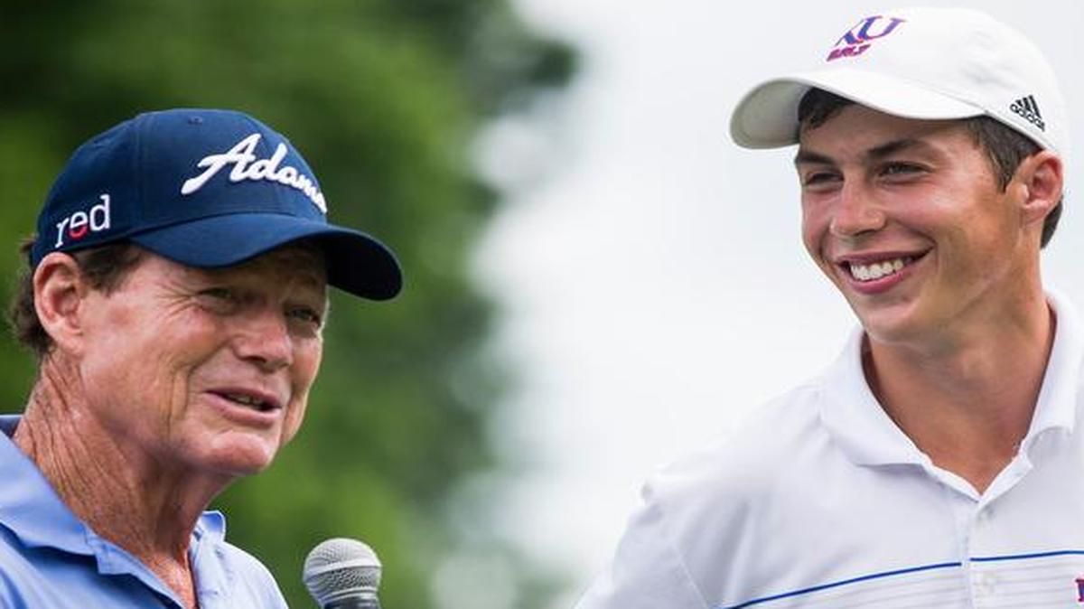 
Chase Hanna (right), a 20-year-old who plays for the University of Kansas, made a tournament-clinching par on the final hole when Tom Watson, a five-time tournament champion, couldn’t convert a tough birdie putt to win the 2015 Watson Challenge on Sunday at the Mission Hills Country Club.
