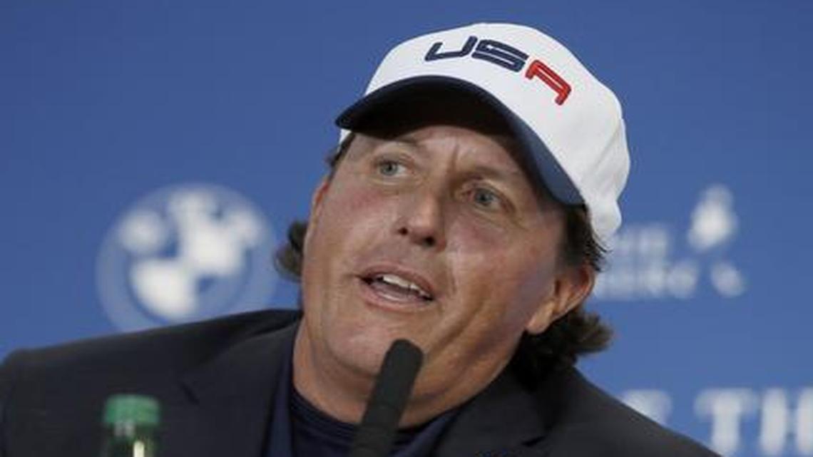 
Phil Mickelson speaks after Europe won the 2014 Ryder Cup golf tournament at Gleneagles, Scotland, Sunday
