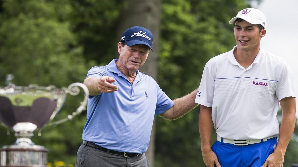 Chase Hanna (right) won the 2015 Watson Challenge and was directed to the trophy that year by Tom Watson for his work. Hanna is pursuing the trophy again and is the leader after the first round Friday of the 2017 Watson Challenge. Hanna shot a 3-under 69 on Friday, while Watson shot a 76.