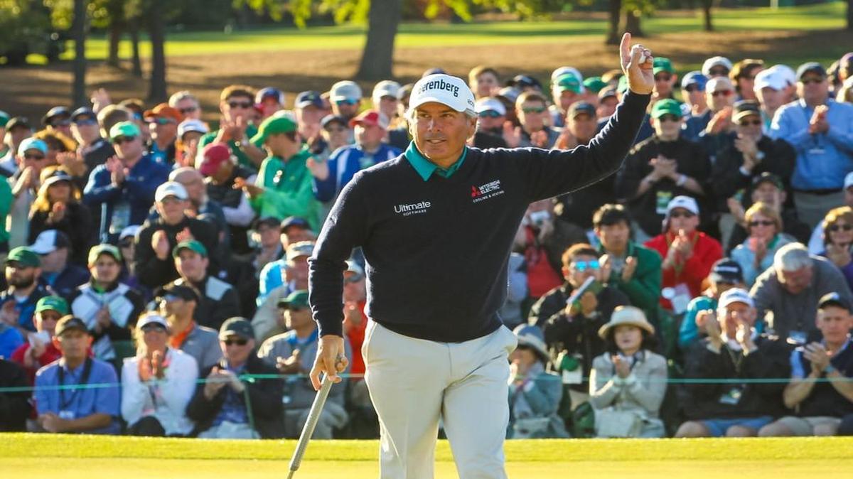 Fred Couples reacts to the crowd after the birdied the 18th hole during the second round of the Masters on Friday in Augusta, Ga.
