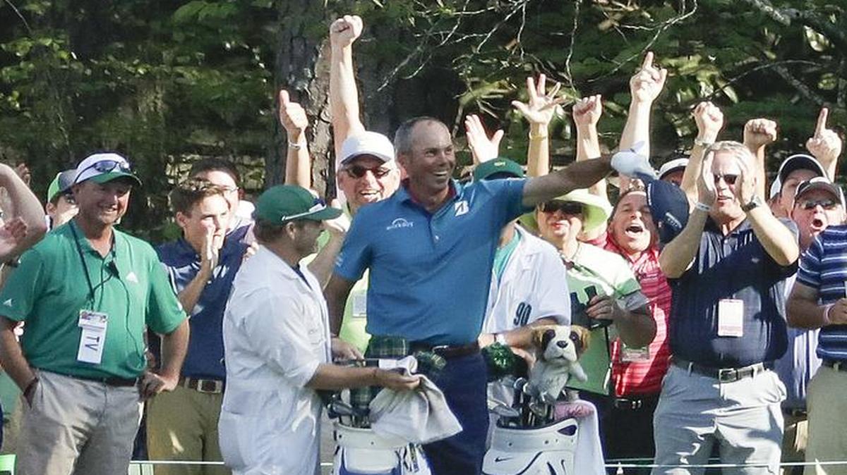 Matt Kuchar reacted after his hole in one on the 16th hole during the final round of the Masters on Sunday.